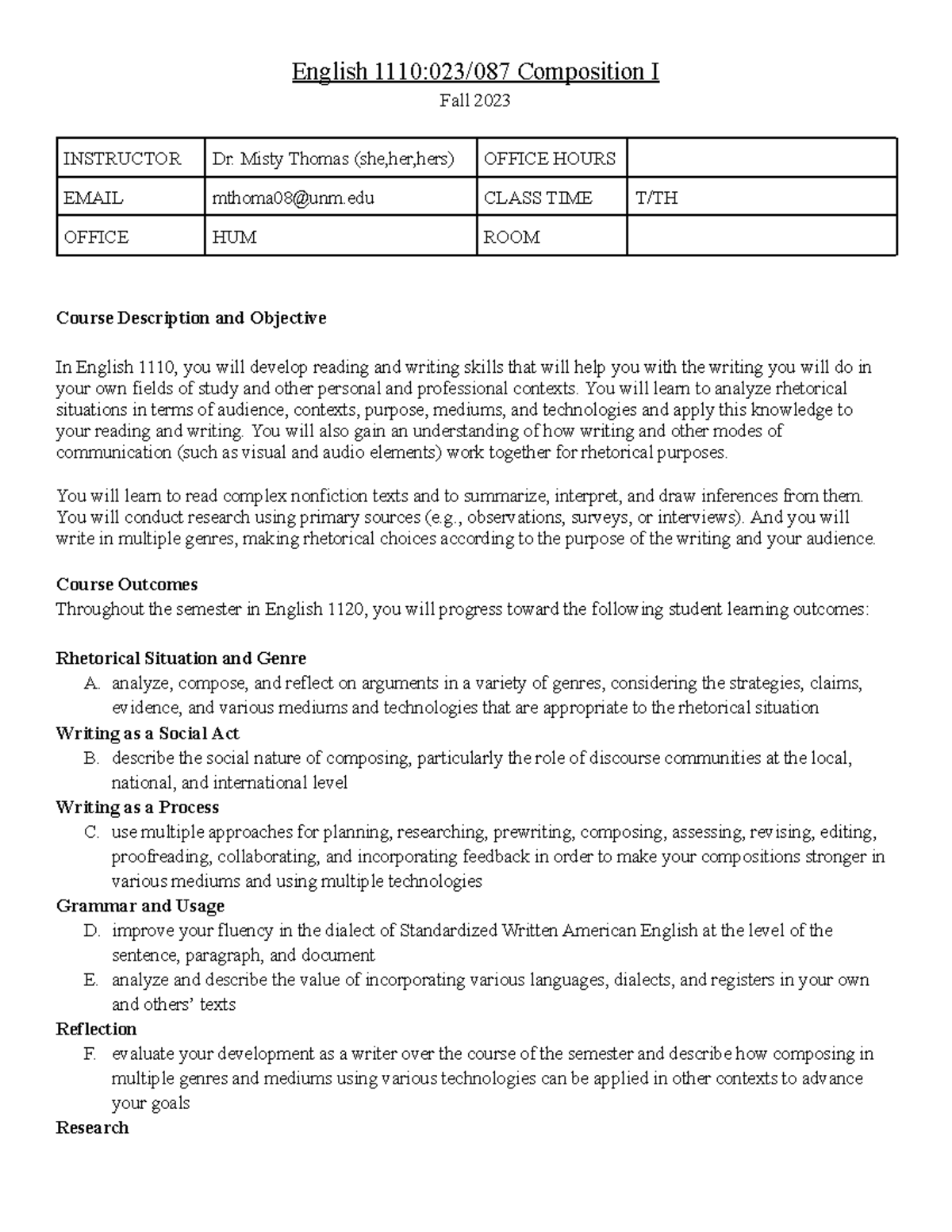 English 1110 - Syllabus - English 1110:023/087 Composition I Fall 2023 ...