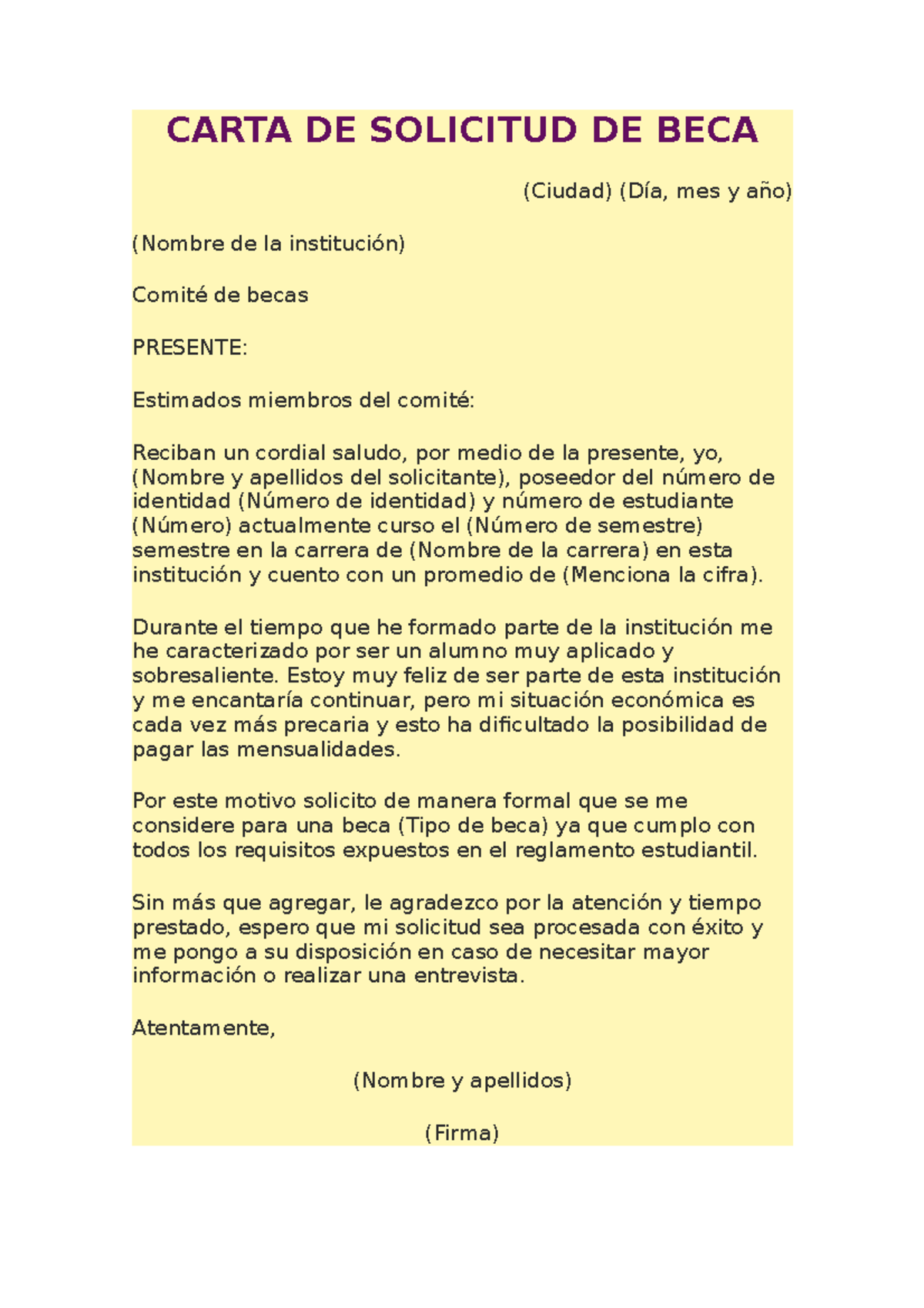 Carta De Solicitud Bec Carta De Solicitud De Beca Ciudad Día Mes Y Año Nombre De La