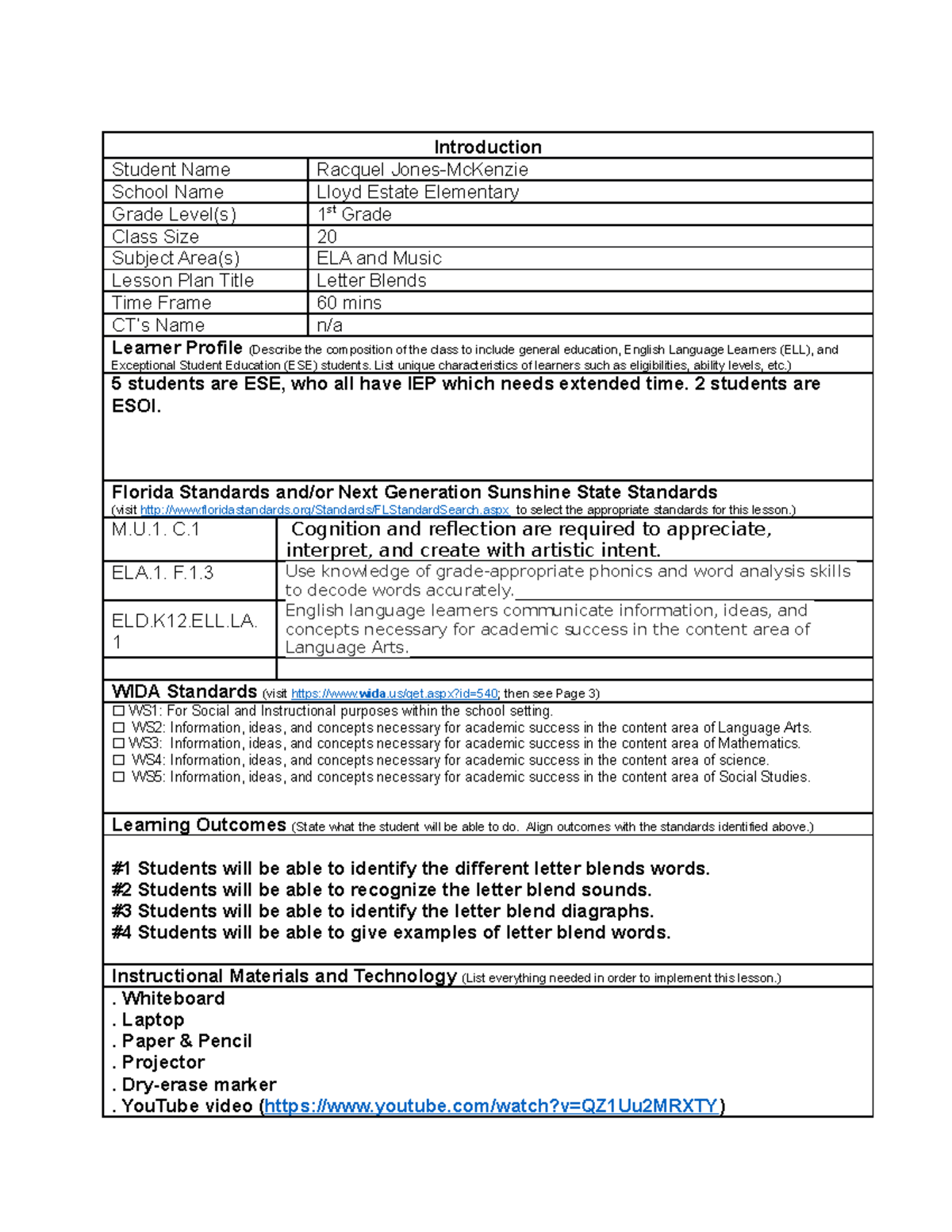 TEP Lesson Plan Template 2 (1) - Introduction Student Name Racquel ...