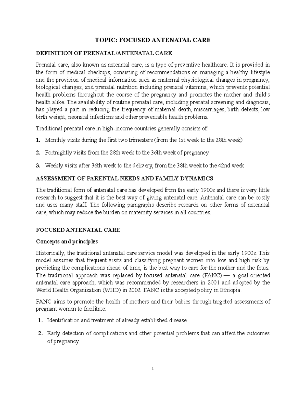 Maternal and Child Health nursing, Focused Antenatal care TOPIC FOCUSED ANTENATAL CARE