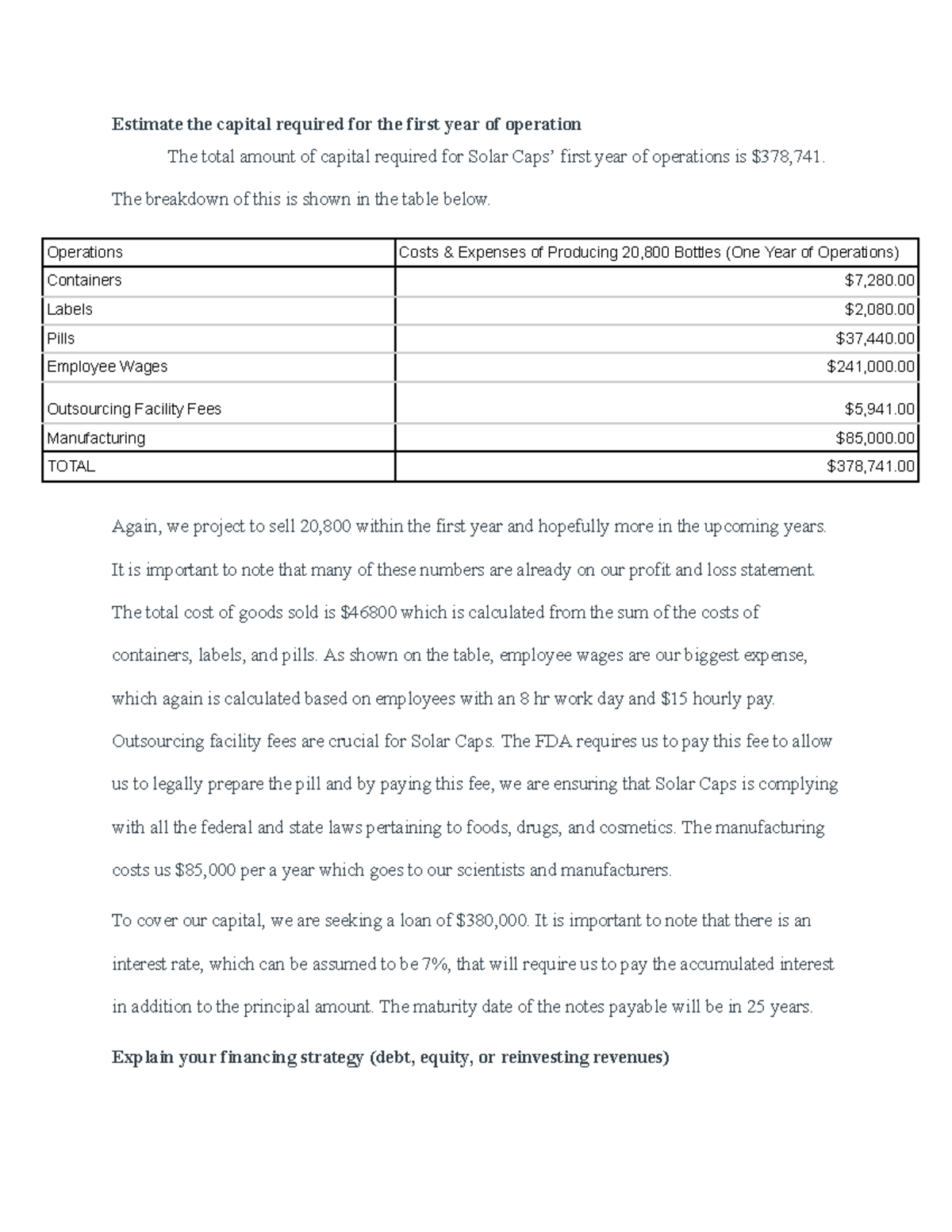 Finance portion - Financing final project - Estimate the capital ...