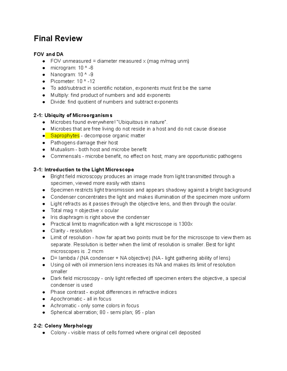 Micro Lab Final Review Final Review FOV and DA FOV unmeasured