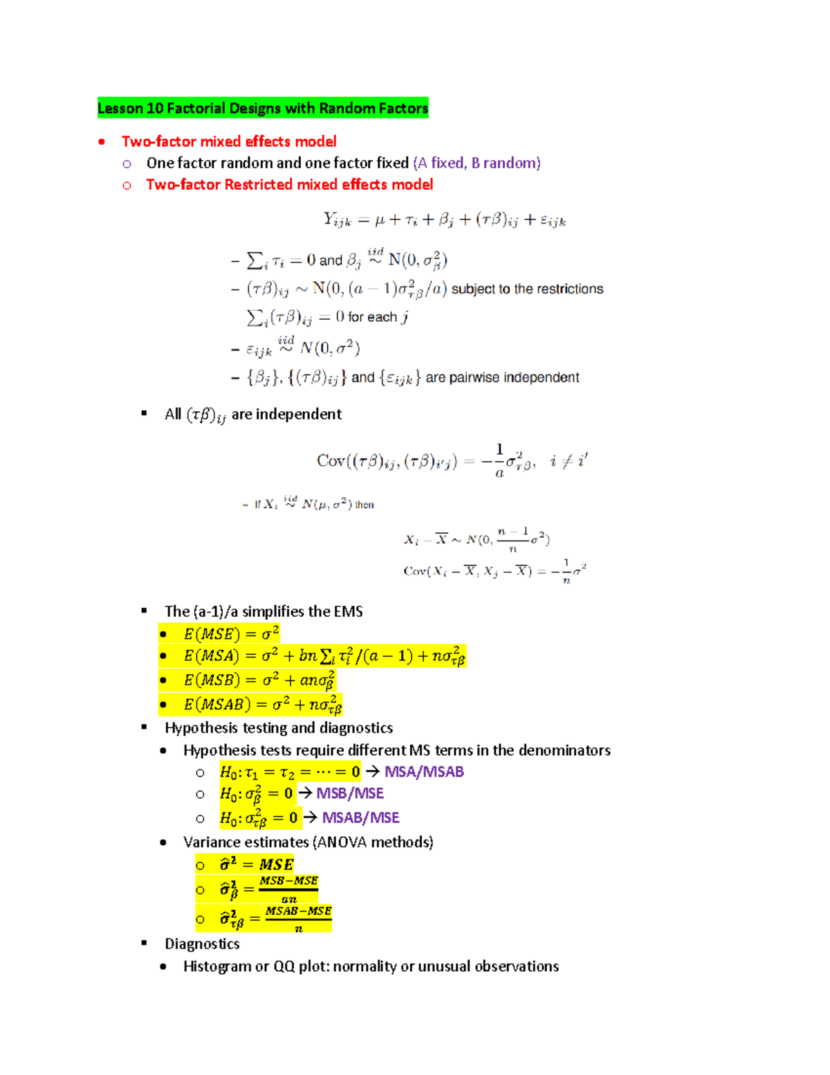 STAT 514 Midterm 2 Review - Lesson 10 Factorial Designs With Random ...