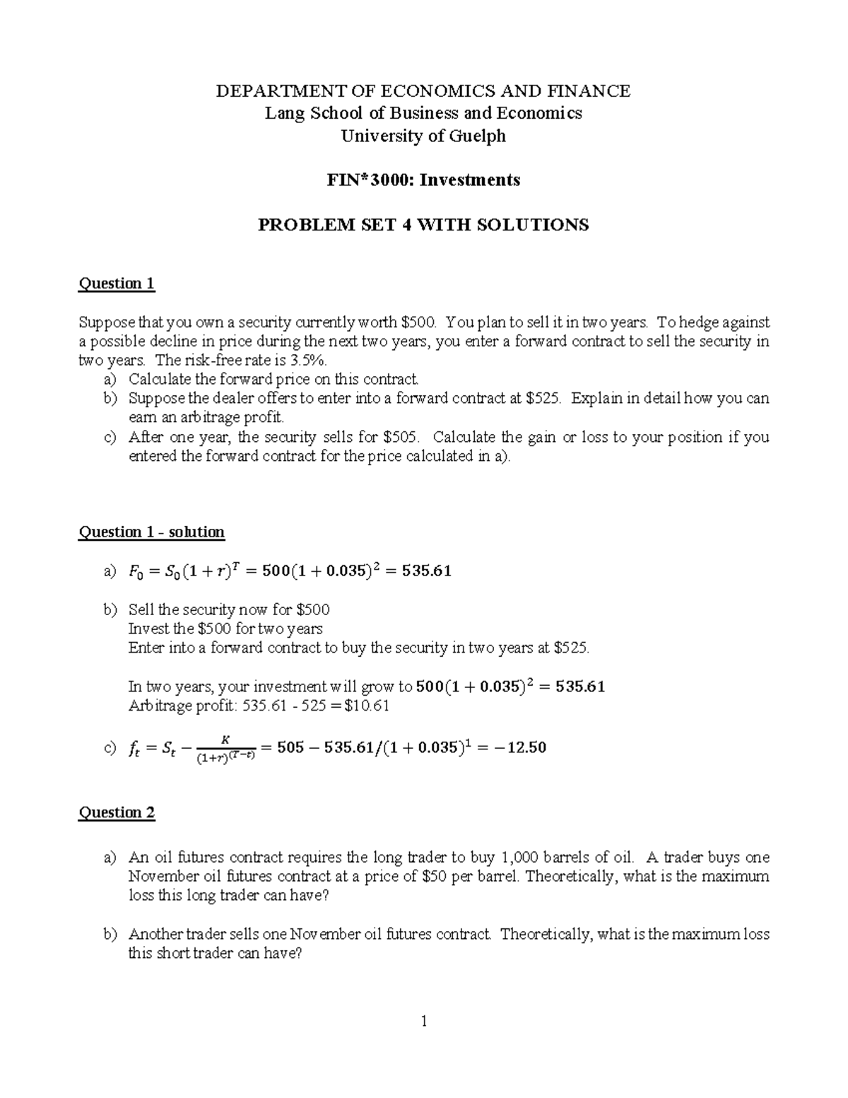 Problem Set 4 With Solutions - 1 DEPARTMENT OF ECONOMICS AND FINANCE ...