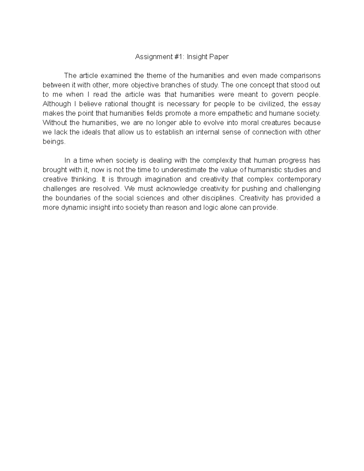 A1M1 - let's reflect assignment - Assignment #1: Insight Paper The ...