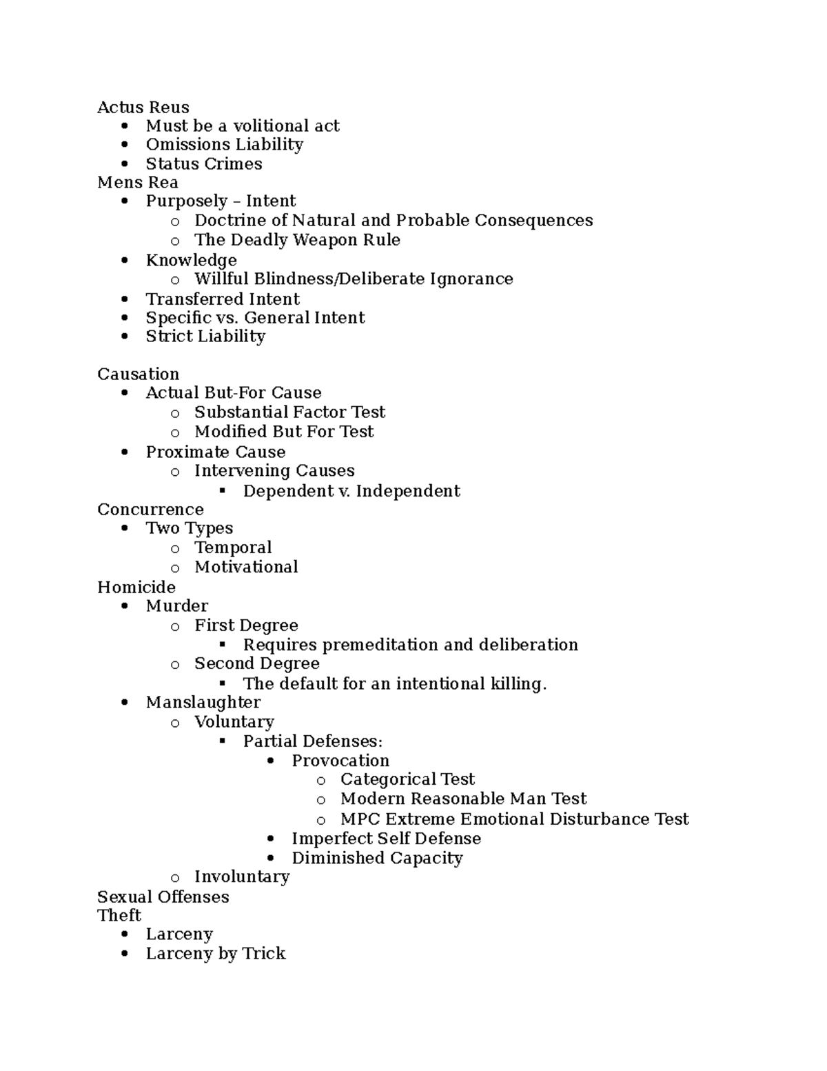 Criminal Law Checklist - Actus Reus Must be a volitional act Omissions ...