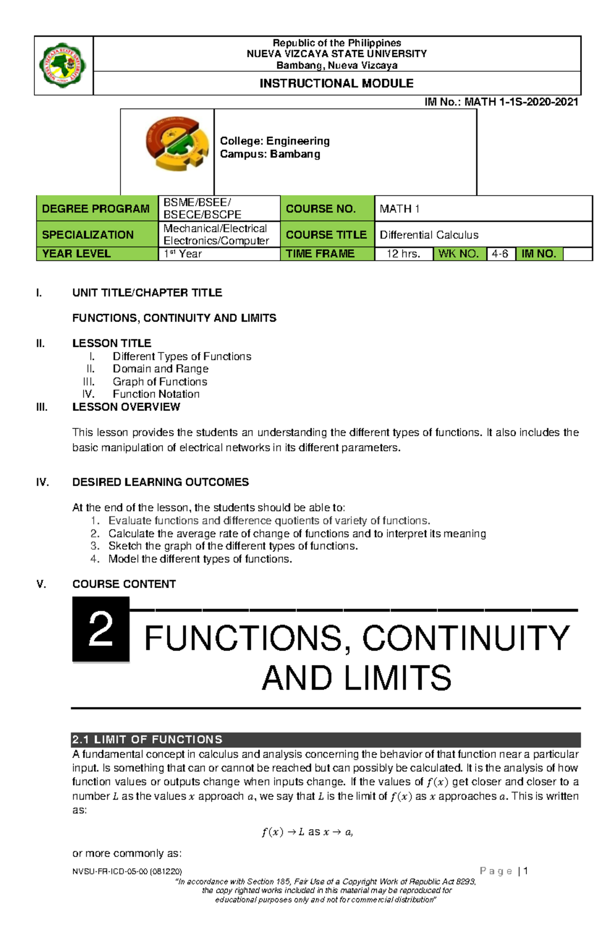 Calculus-Module- Final - NUEVA VIZCAYA STATE UNIVERSITY Bambang, Nueva ...