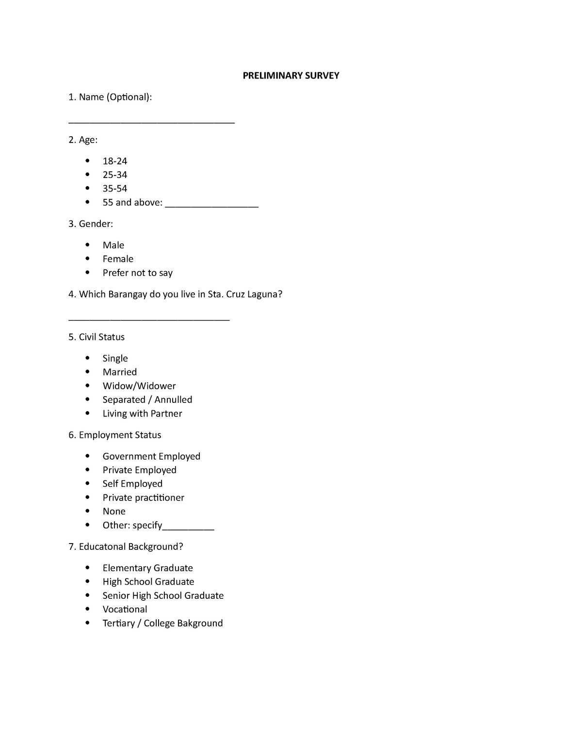 questionnaire for capstone project