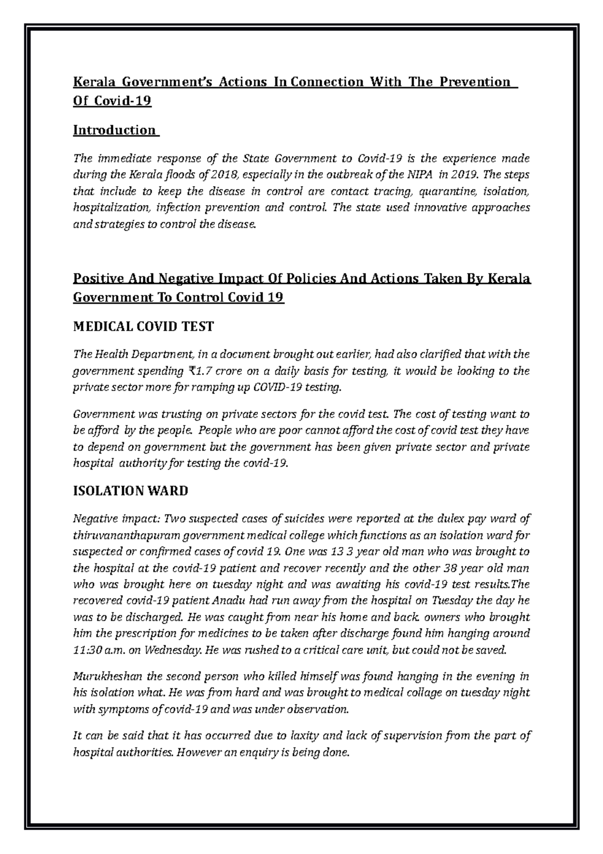 Report on kerala govt response to covid 19 - Kerala Government’s ...