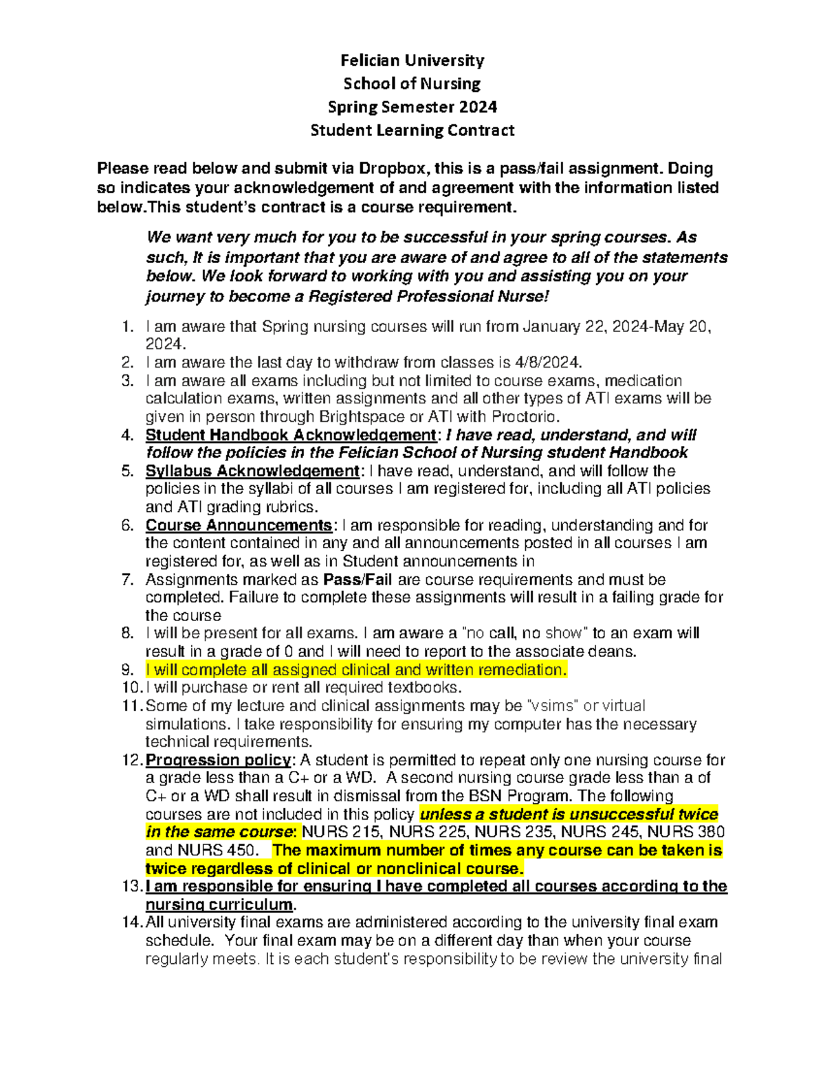 Spring 24 Learning Contract - Felician University School of Nursing ...