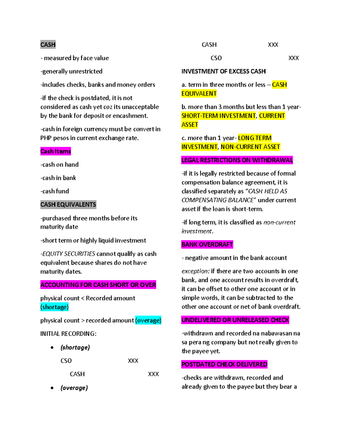 Finals Reviewer bank recon CASH measured by face value generally
