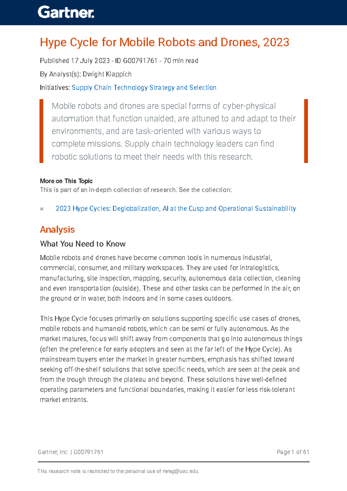 Hype Cycle for Mobil Robots and drones 2023 - Gartner, Inc. | G00791761 ...