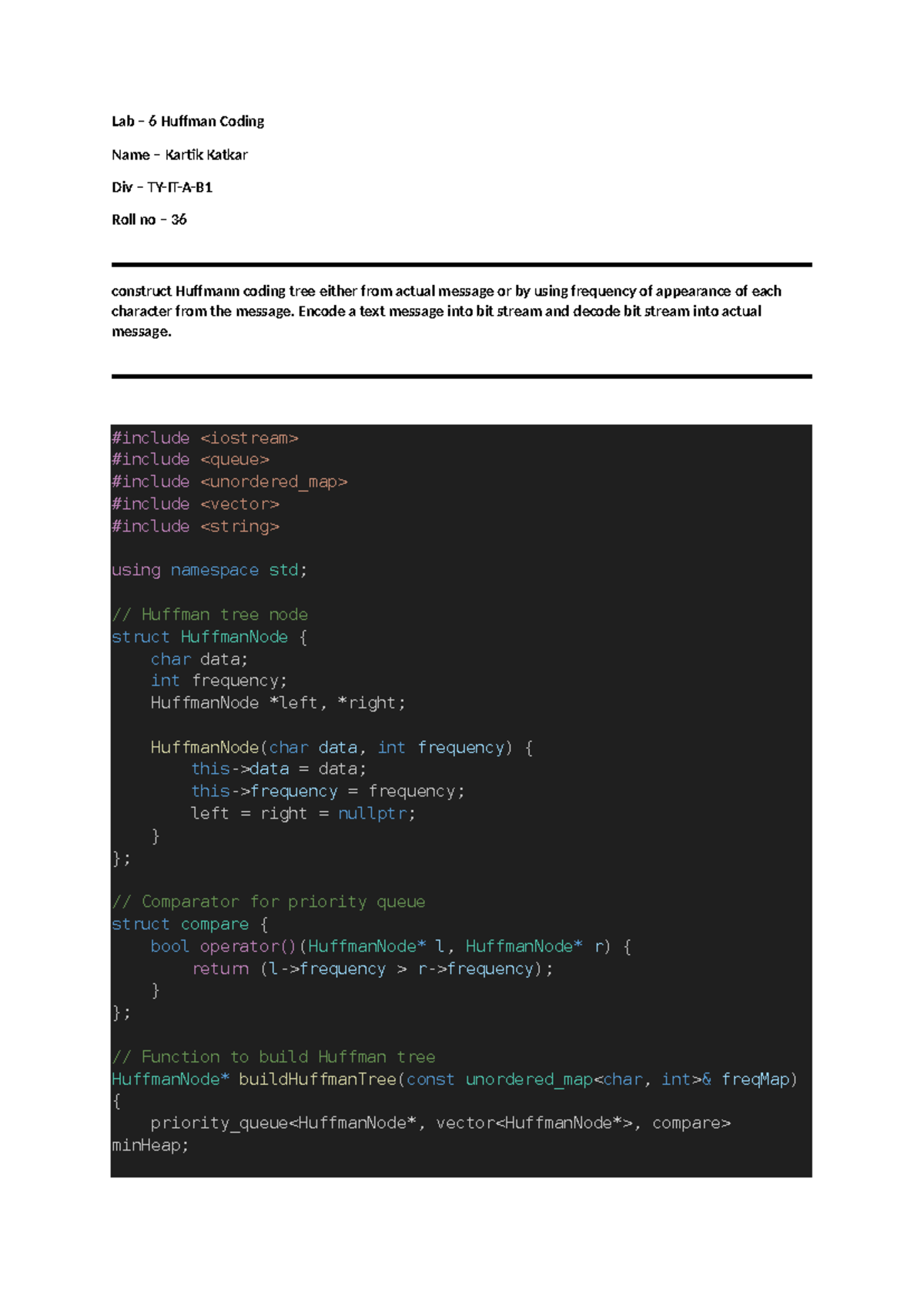 LAB - 6 Huffman coding - Lab – 6 Huffman Coding Name – Kartik Katkar ...