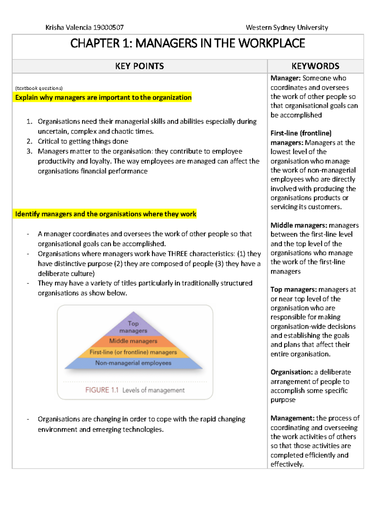 Ch 1 - Lecture notes Week 1 Lecture - CHAPTER 1 : MANAGERS IN THE ...