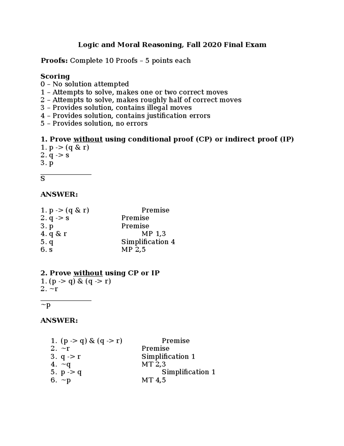 Fall 2020 Final - Logic and Moral Reasoning, Fall 2020 Final Exam ...