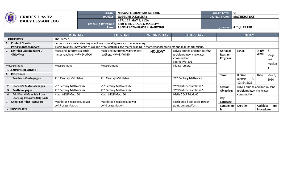 DLL Mathematics 6 Q4 W4 - dll - GRADES 1 to 12 DAILY LESSON LOG School ...