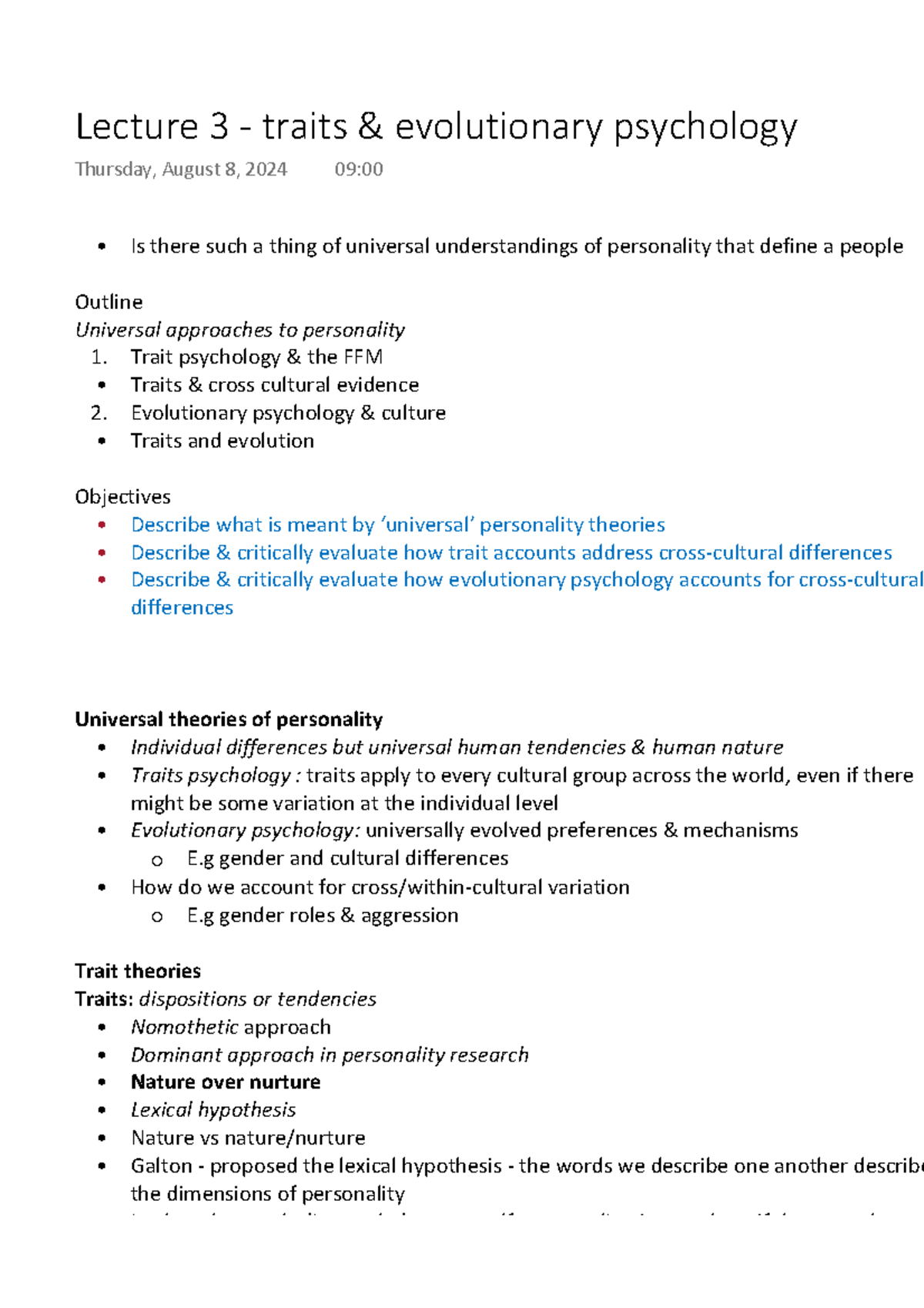 Lecture 3 - traits & evolutionary psychology - Is there such a thing of ...