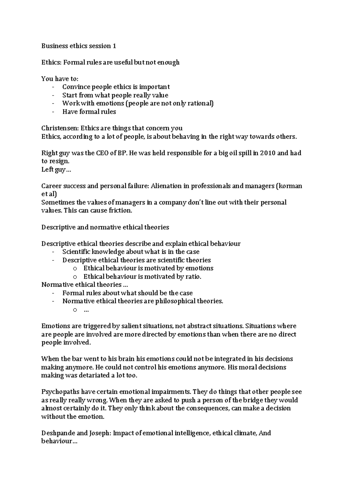 Samenvatting Business Ethics Lecture 1 2 Business ethics session 1