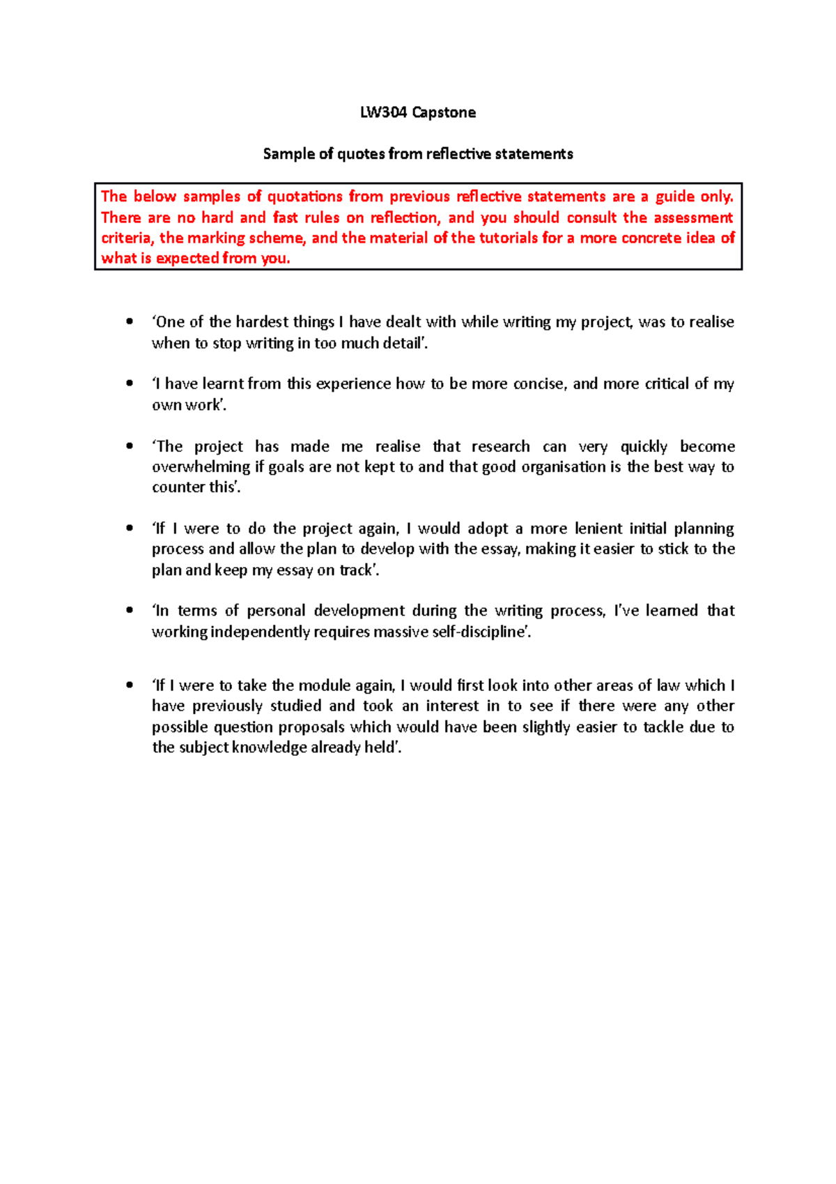 Selection of quotes from reflective statements - LW304 Capstone Sample ...