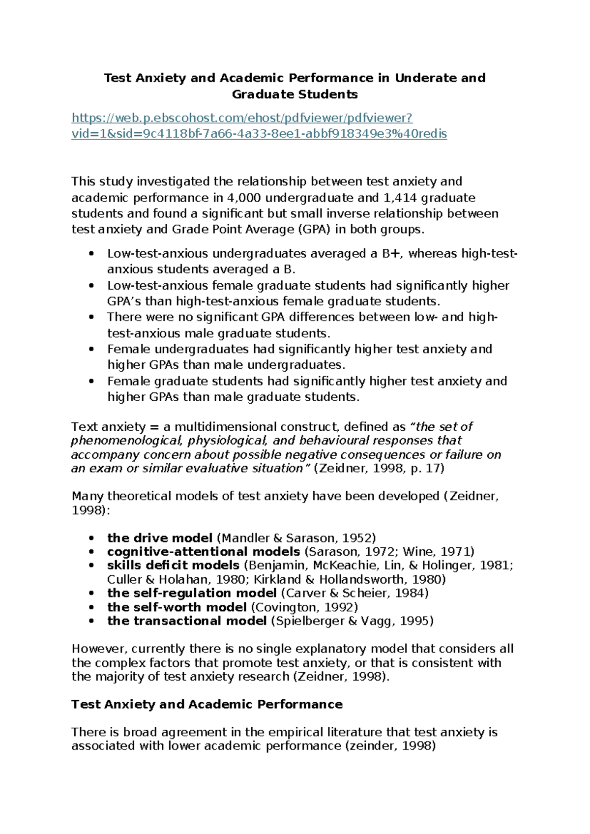 Test Anxiety and Academic Performance in Underate and Graduate Students ...
