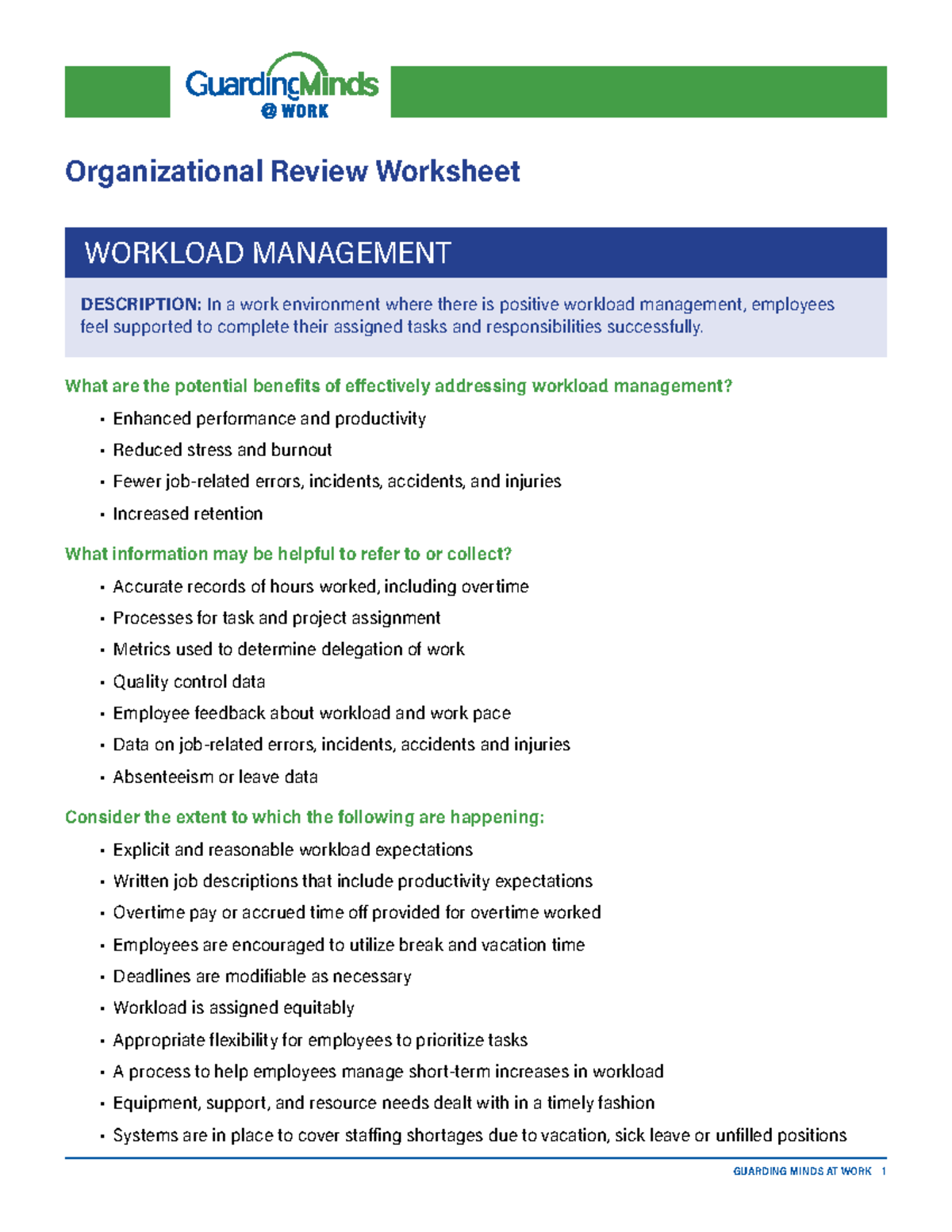 14 - None - GUARDING MINDS AT WORK 1 Organizational Review Worksheet ...