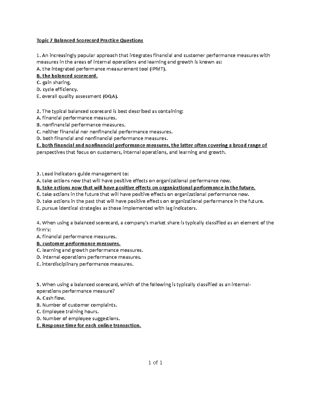 Topic 7 Balanced Scorecard Practice Questions with Ans - Topic 7 ...