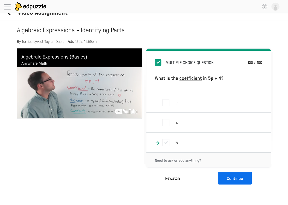 Edpuzzle 2 - Nnn - Video Assignment Algebraic Expressions - Identifying ...