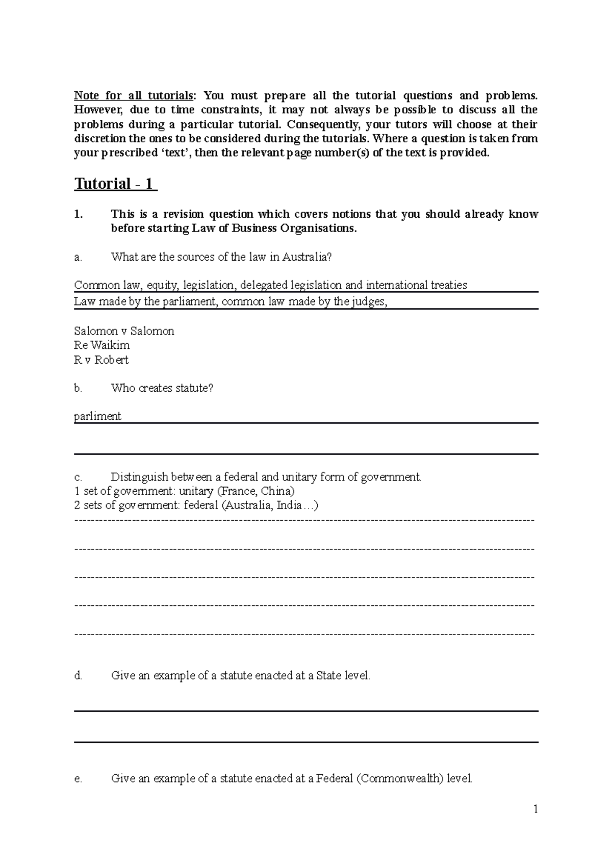 Tutorial 1 - Note for all tutorials: You must prepare all the tutorial ...