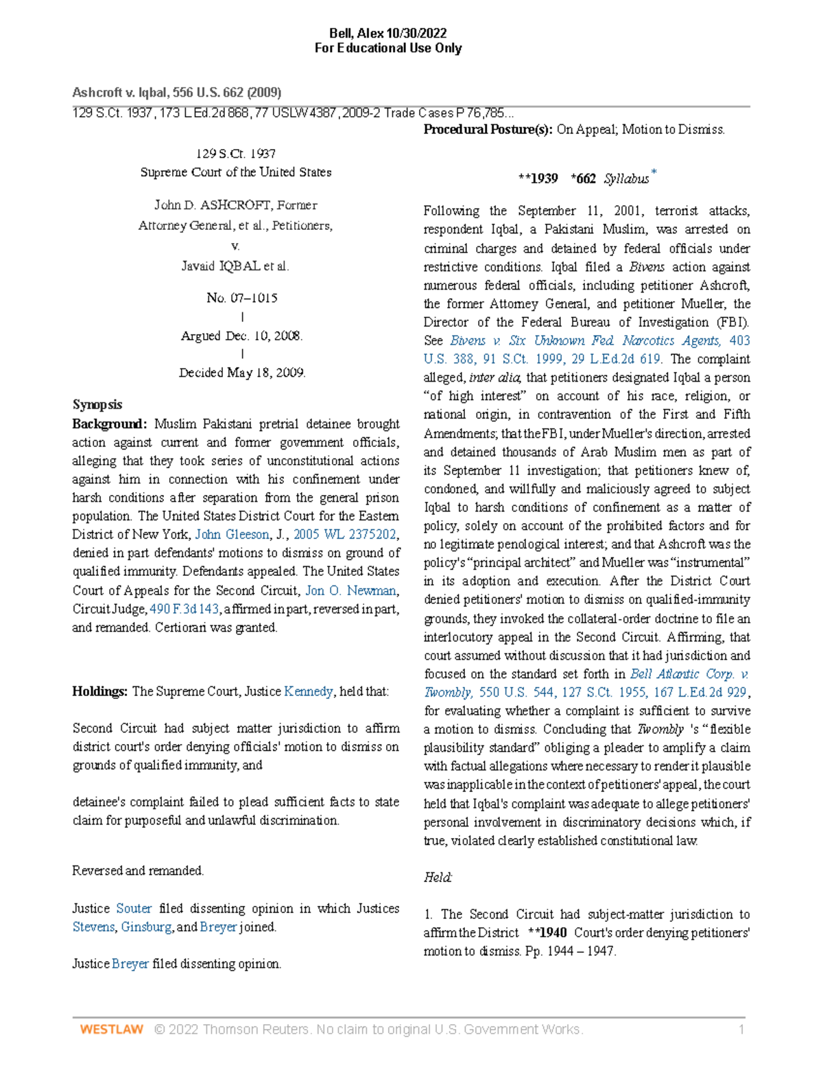 Iqbal Case - For Educational Use Only Ashcroft v. Iqbal, 556 U. 662 ...