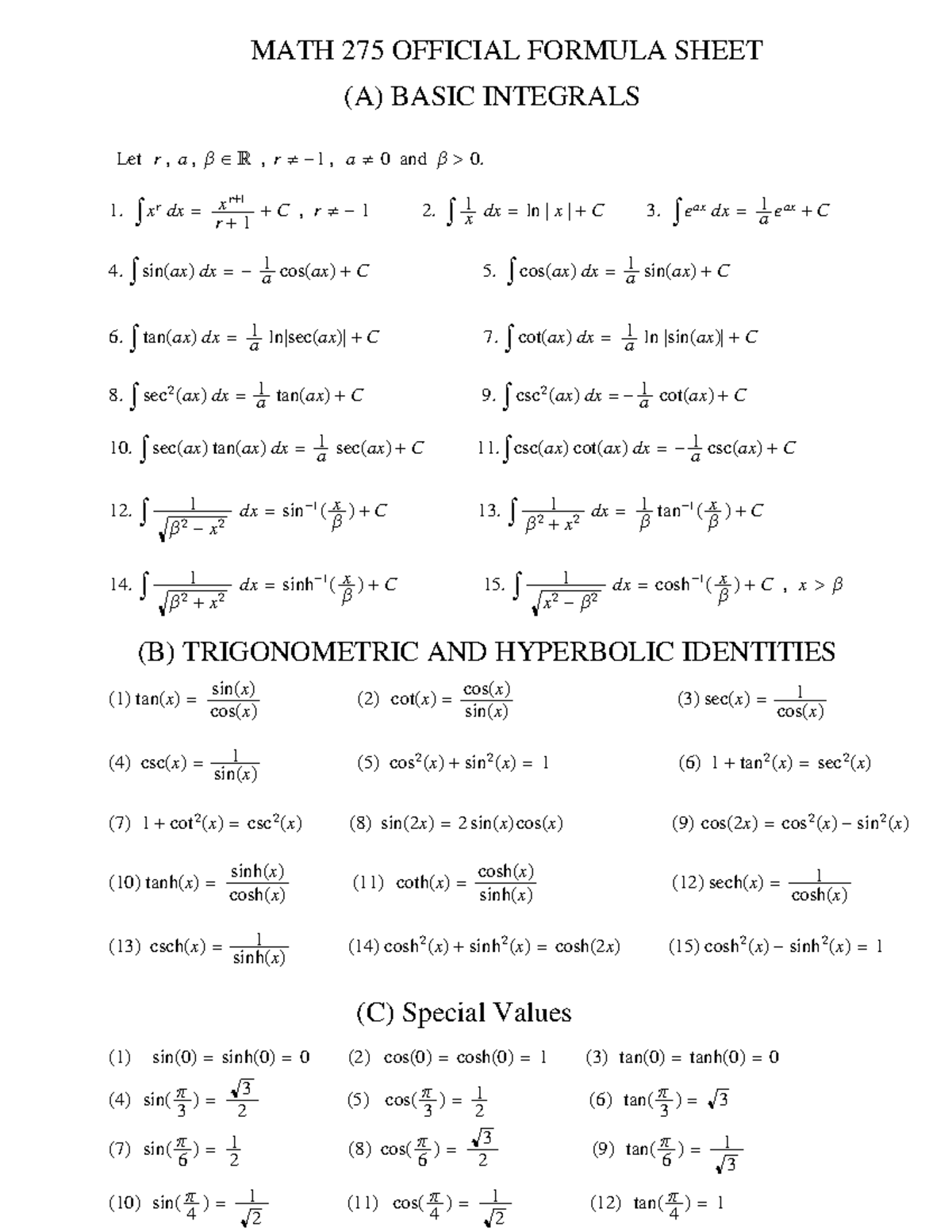 MATH275Final Formula F17 - MATH 275 OFFICIAL FORMULA SHEET (A) BASIC ...