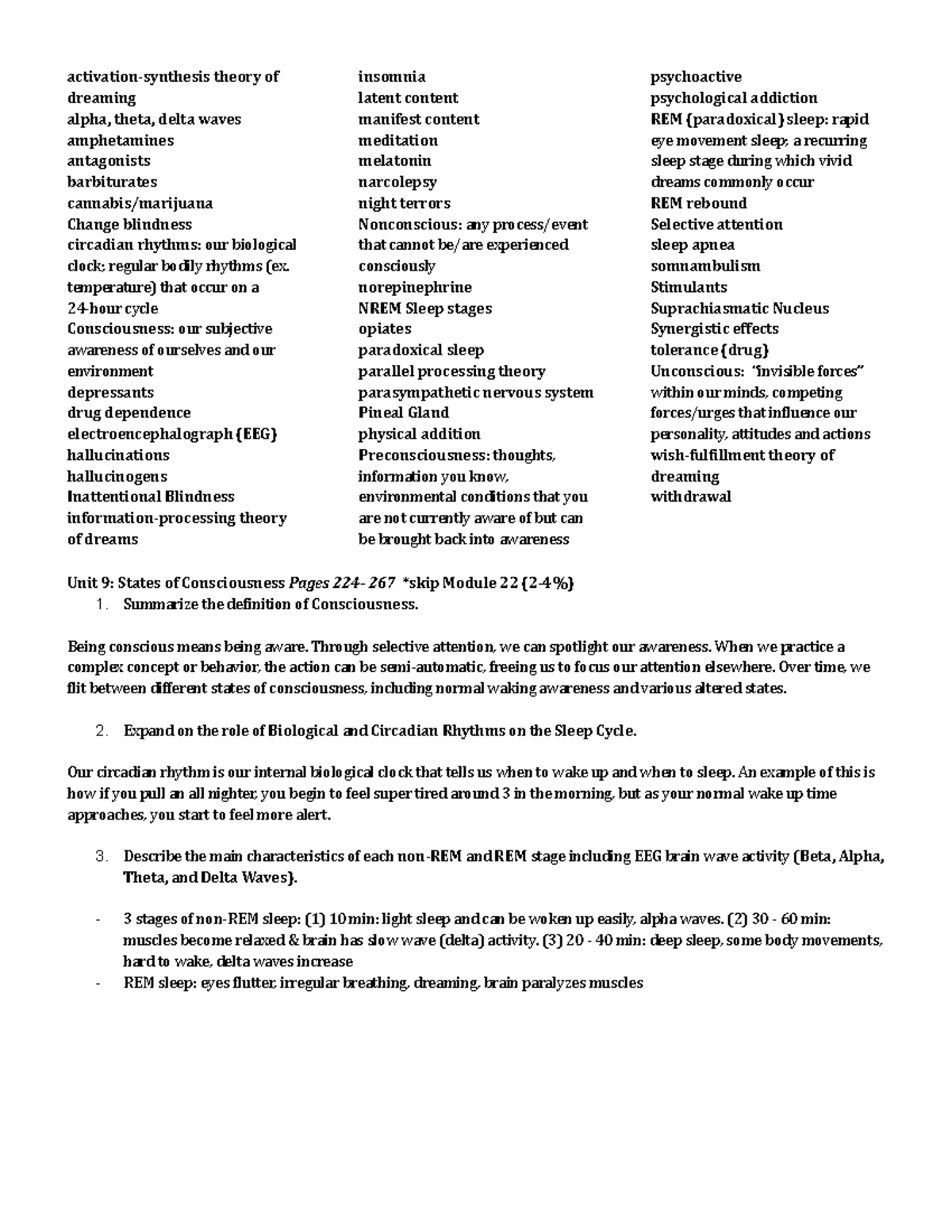 AP Psych Unit 5 Consciousness Reading Guide activationsynthesis