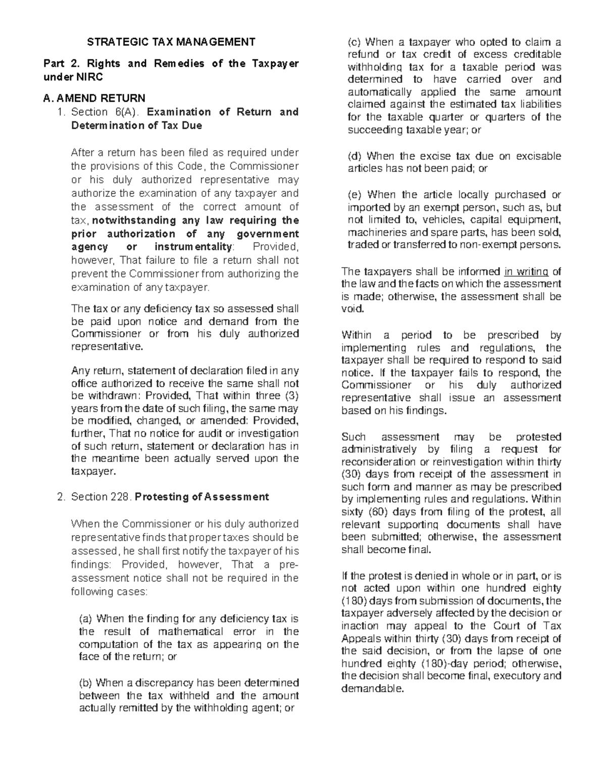 TAX 4 PART 2 - STRATEGIC TAX MANAGEMENT Part 2. Rights and Remedies of ...