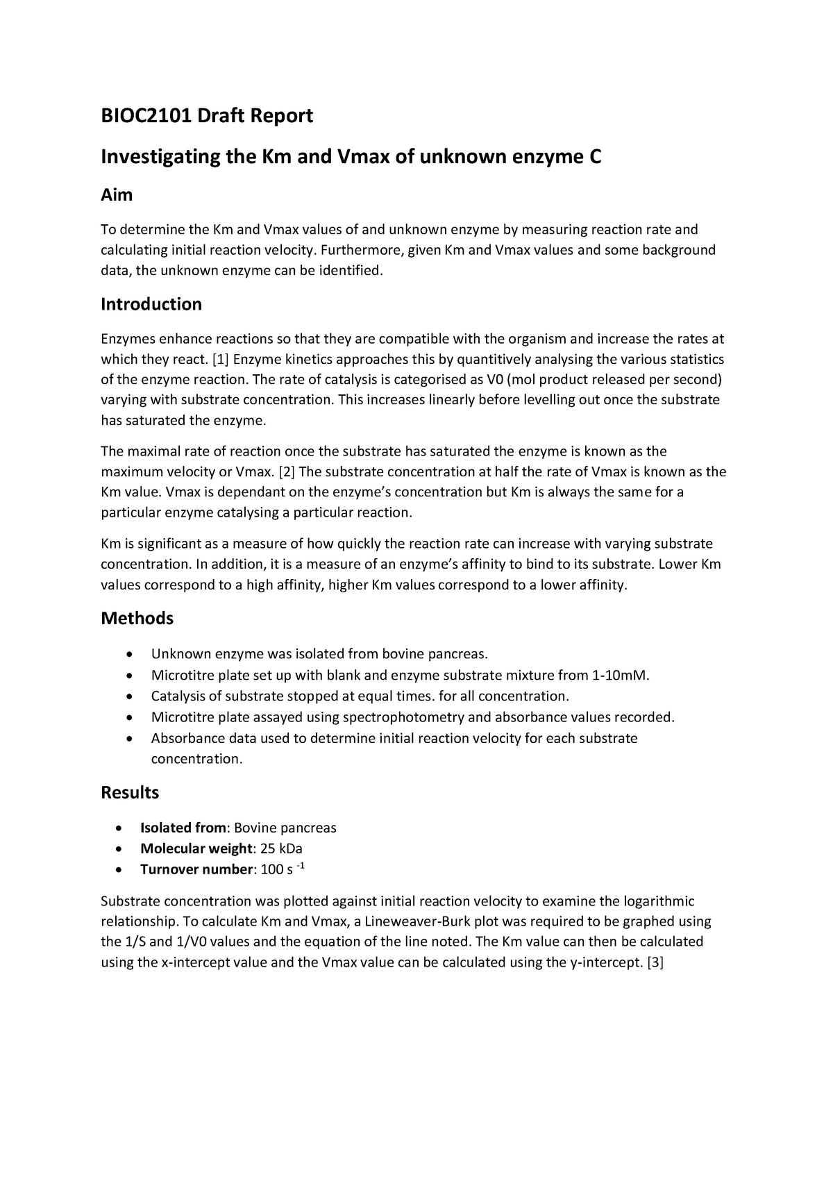 Bioc2101 Draft Report Investigating The Km And Vmax Of Unknown Enzyme C Studocu