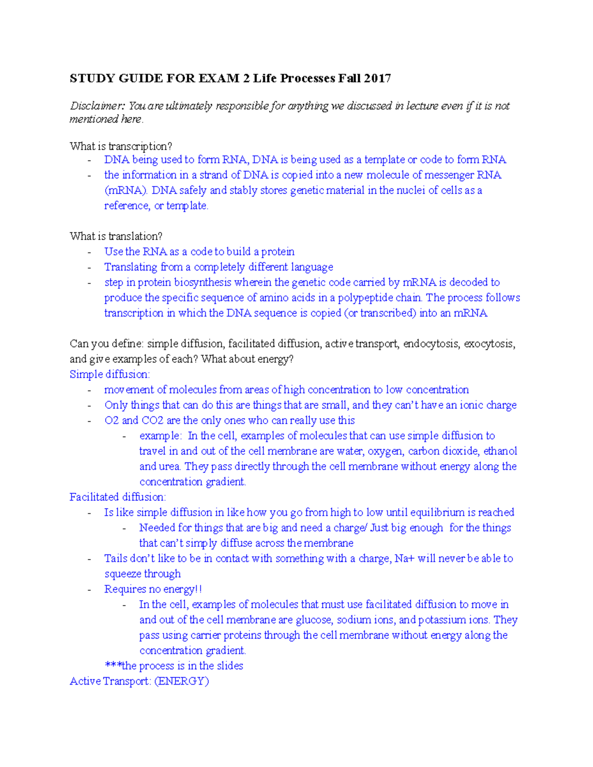 Study Guide for exam 2 - STUDY GUIDE FOR EXAM 2 Life Processes Fall ...