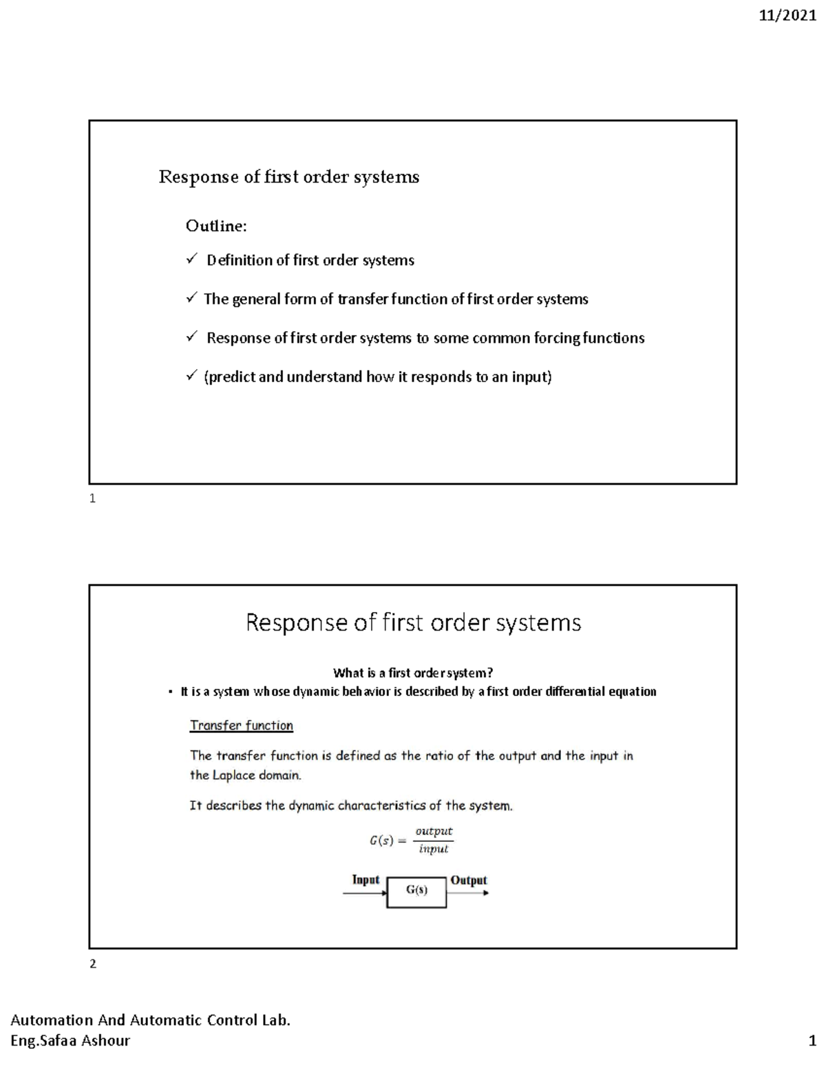 Experiment No.2-Lecture Notes - Response of first order systems Outline ...
