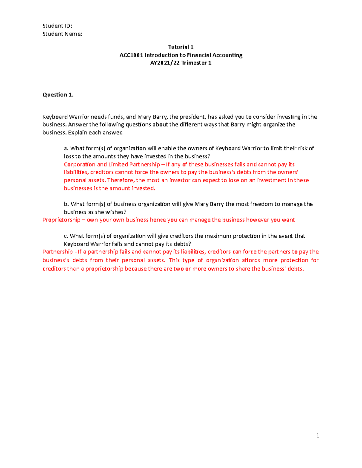 Tutorial 1 Student Name Tutorial 1 Acc1001 Introduction To Financial