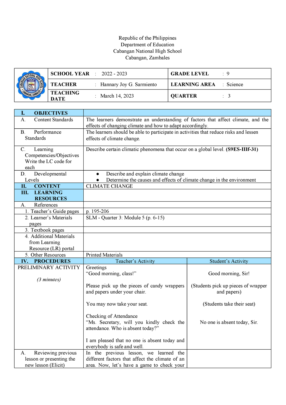 DLP- Climate Change - Republic of the Philippines Department of ...