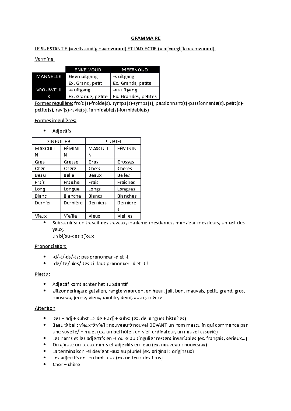 Grammatica Frans - samenvatting van grammaire - GRAMMAIRE LE SUBSTANTIF ...