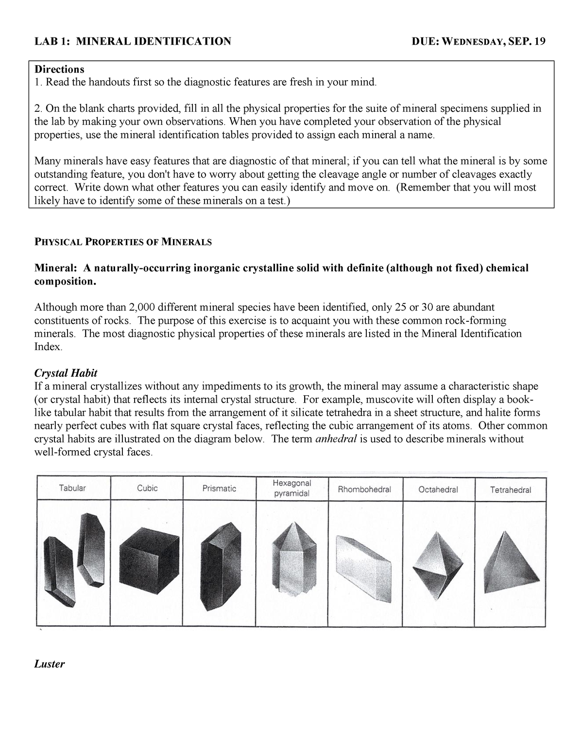 GEO 1111 - Mineral Identification Guide - LAB 1: MINERAL IDENTIFICATION ...