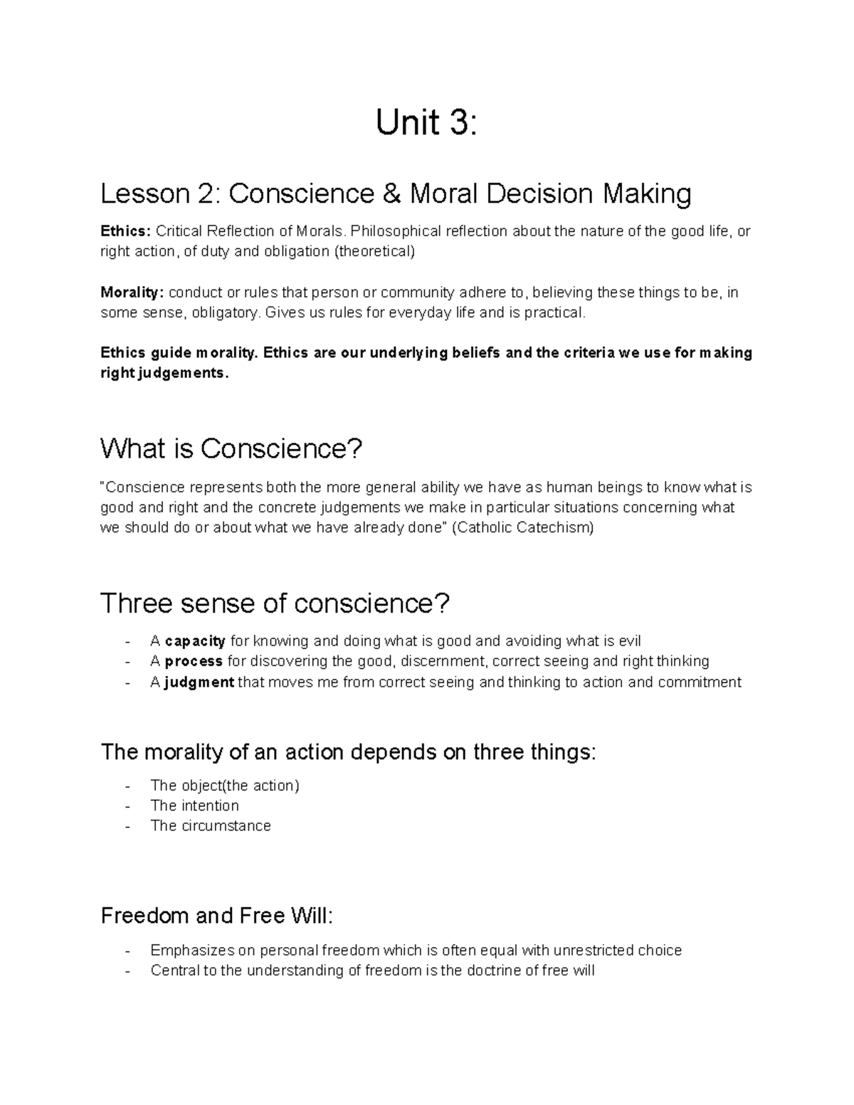 Unit 3 Religion Notes - Unit 3: Lesson 2: Conscience & Moral Decision ...