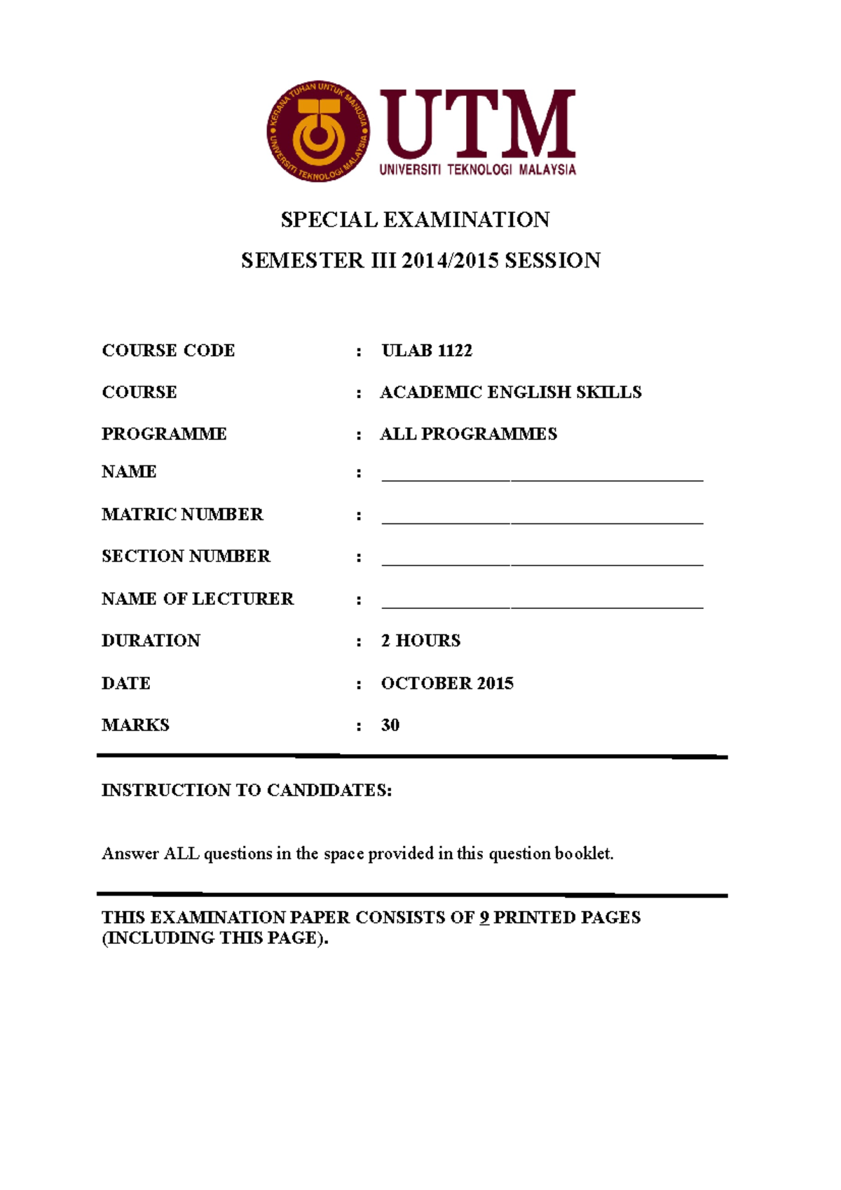 FINAL EXAM 18 October 2015, questions - SPECIAL EXAMINATION SEMESTER ...