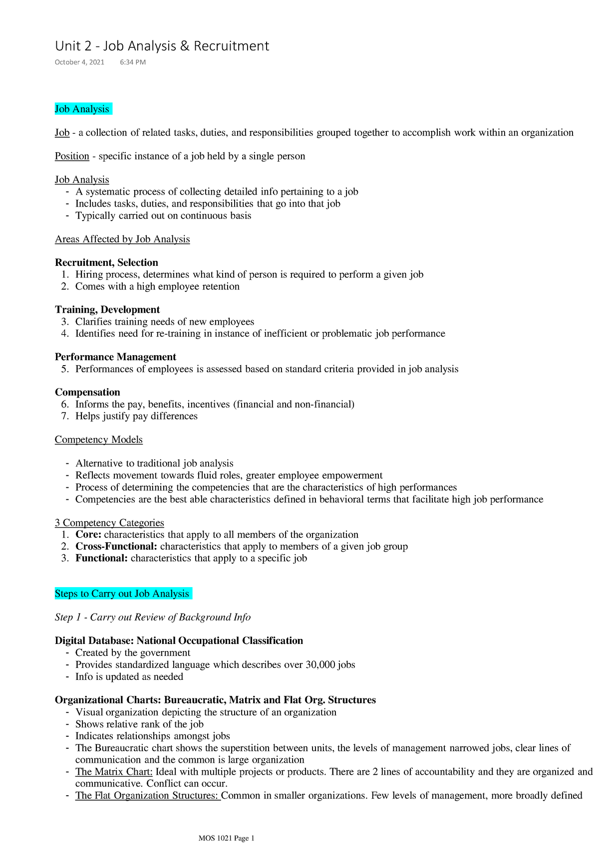 Unit 2 - Job Analysis and Recruitment - Job Analysis Job - a collection ...