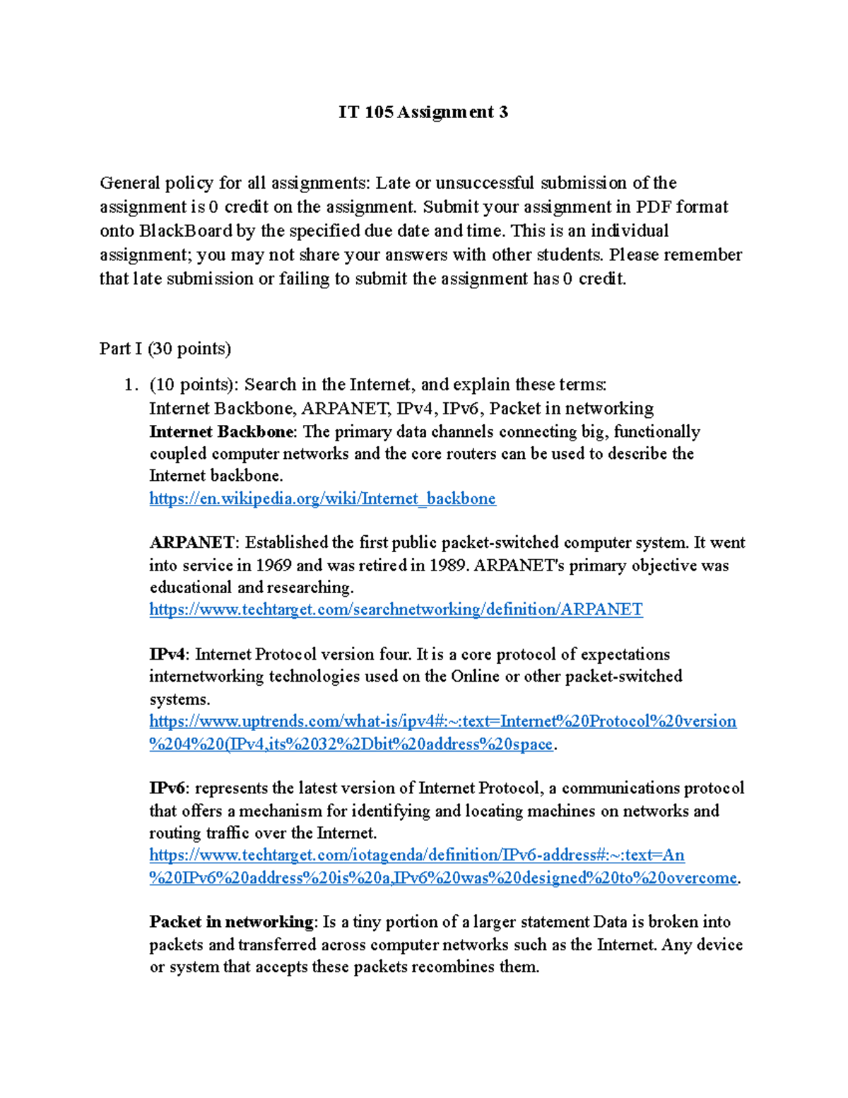 Assignment 3 It 105 Completed It 105 Assignment 3 General Policy For All Assignments Late