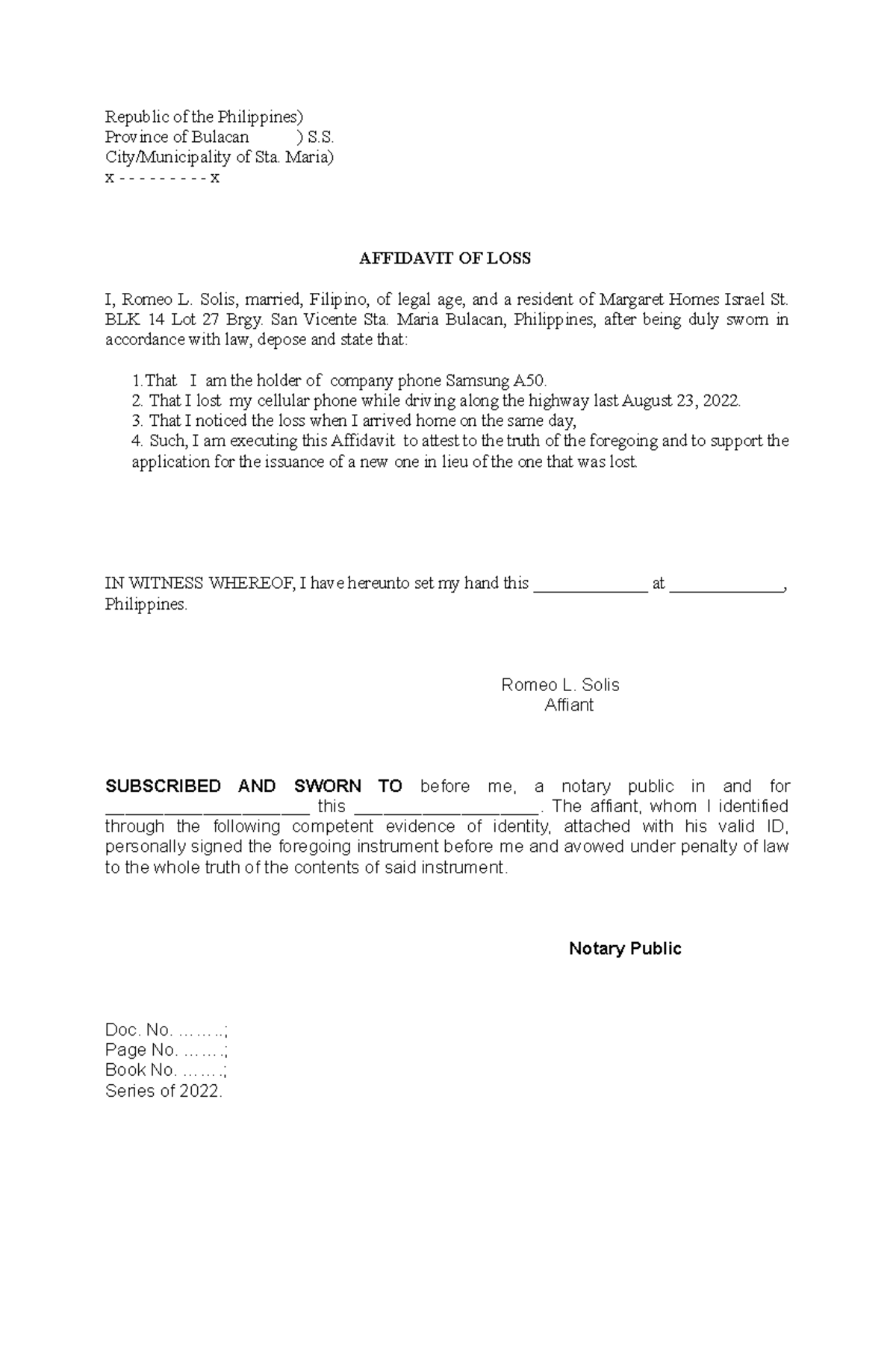 Affidavit OF LOSS Solis - Republic of the Philippines) Province of ...