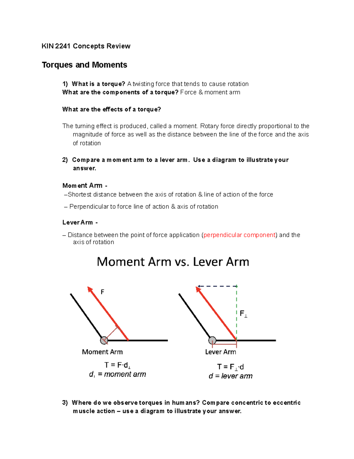 2241 Biomechanics Exam KIN 2241 Concepts Review Torques and Moments