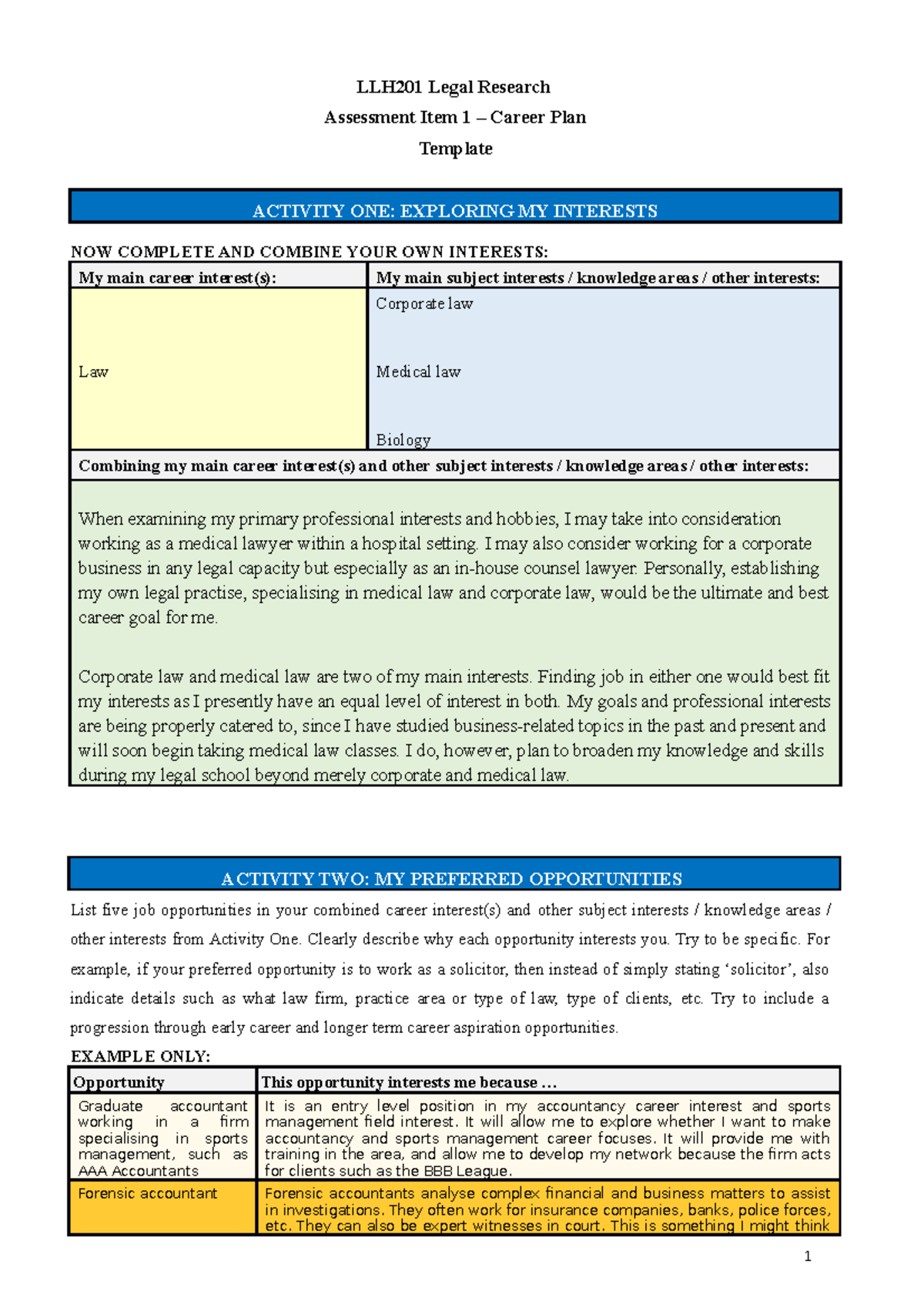 Assessment Item 1 - Career Plan - LLH201 Legal Research Assessment Item ...