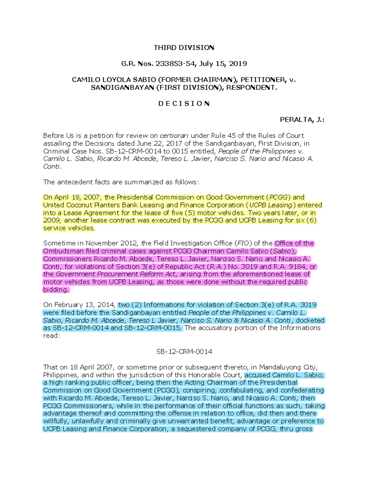 Sabio Versus Sandiganbayan - THIRD DIVISION G. Nos. 233853-54, July 15 ...