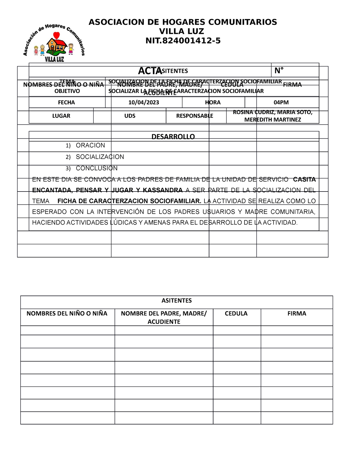 Acta Abril Ficha De Caracterzacion Sociofamiliar Asitentes Nombres