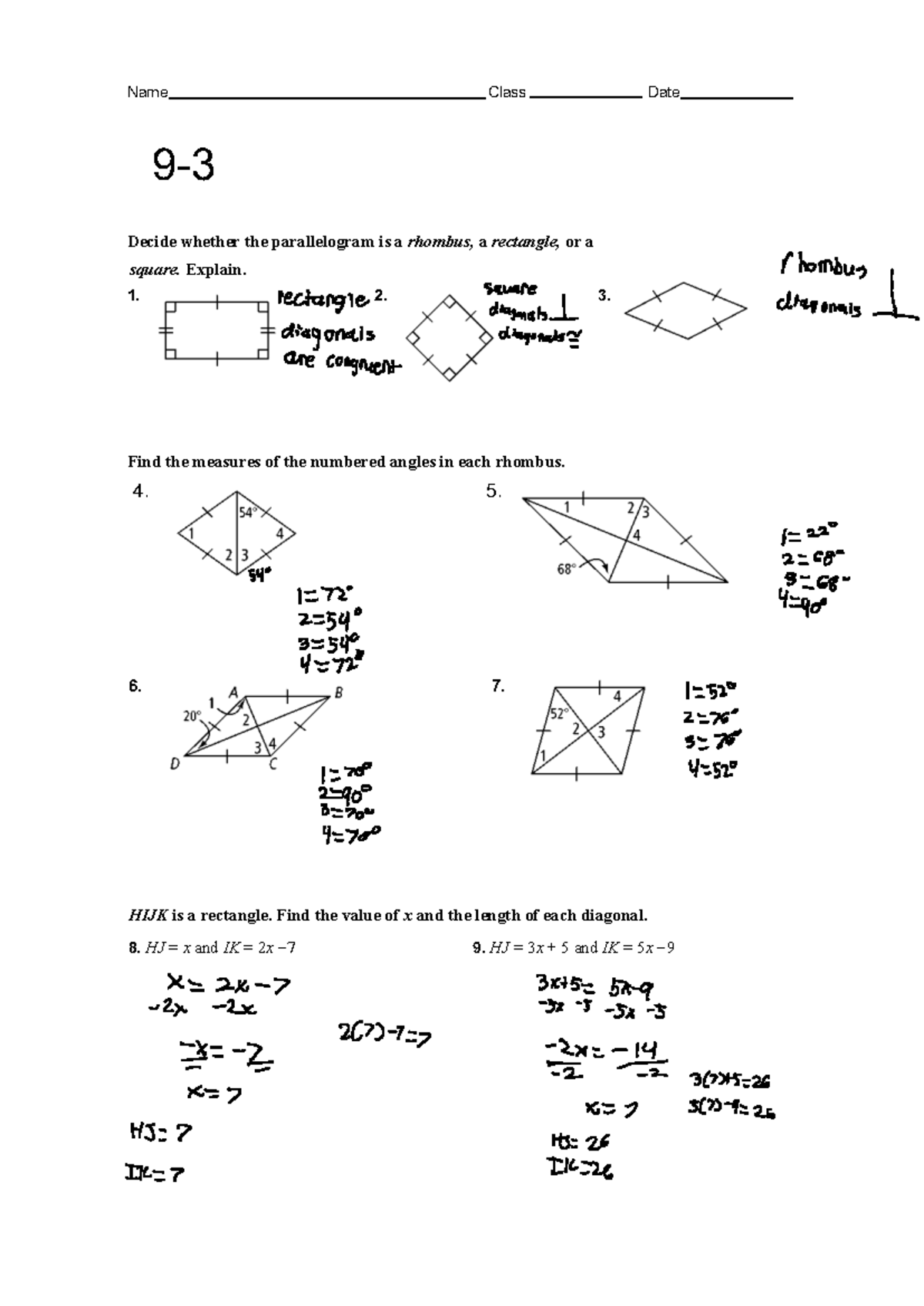 9-3+HW - work - Name Class Date 9 - 3 Decide whether the parallelogram ...