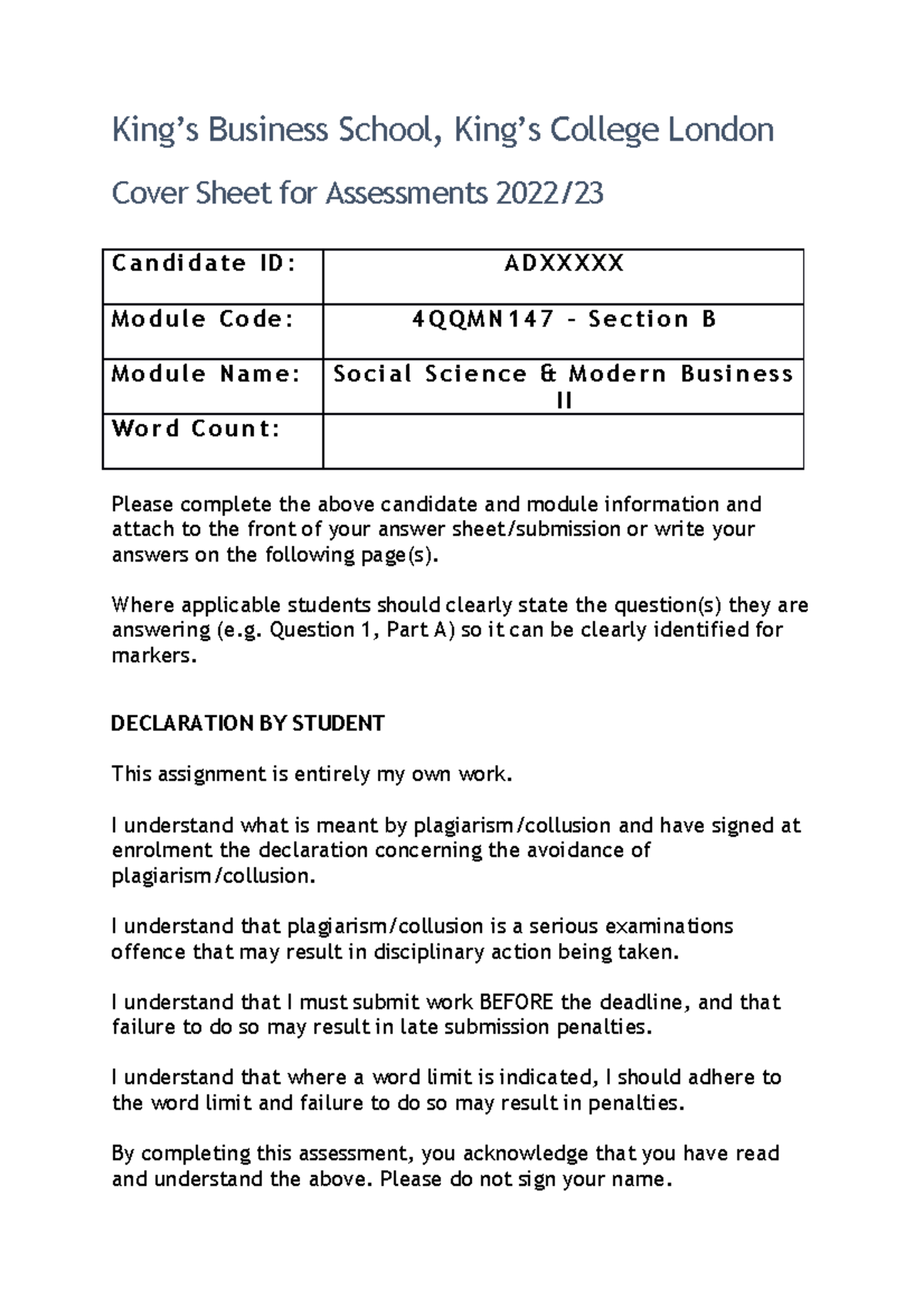 Exam Section B Cover Sheet - King’s Business School, King’s College ...